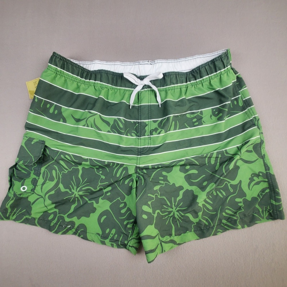 Islander Swim Board Shorts Men's 2XL XXL Green Palm Leaf Drawstring Polyester